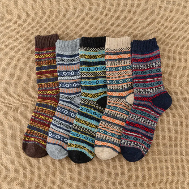 Xianghui Wholesale Vintage Thickened Rabbit Wool Ethnic Plaid MID-Tube Socks