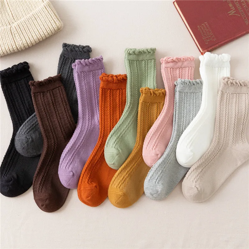 Xianghui Solid Color Vertical Stripes Crew Socks Women Sweet Girl Cotton Soft