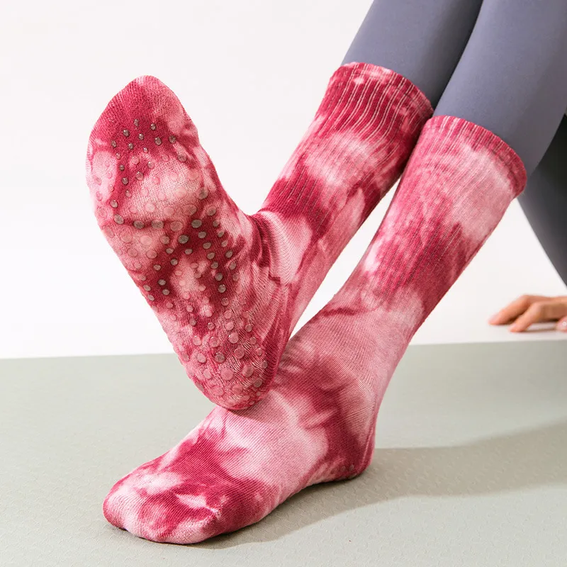 Xianghui Professional Non-Slip Tie Dye Indoor Yoga Crew Socks with Terry