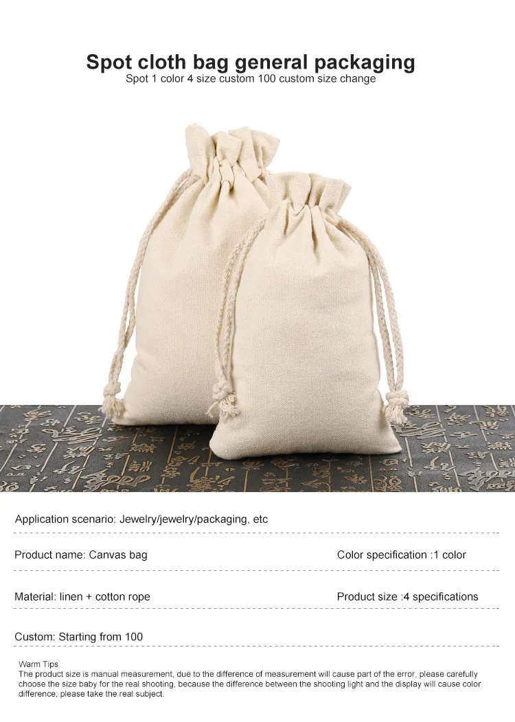 Xianghui Eco Friendly Organic Cotton Linen Logo Customized Canvas Bags Fabric Drawstring Gift Bags