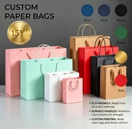 Xianghui Custom Size Color Print Logo Wholesale Kraft Paper Shopping Bags, Gift Bags with Handles for Wending, Birthday, Favor, Party, Retail Merchandise Bags