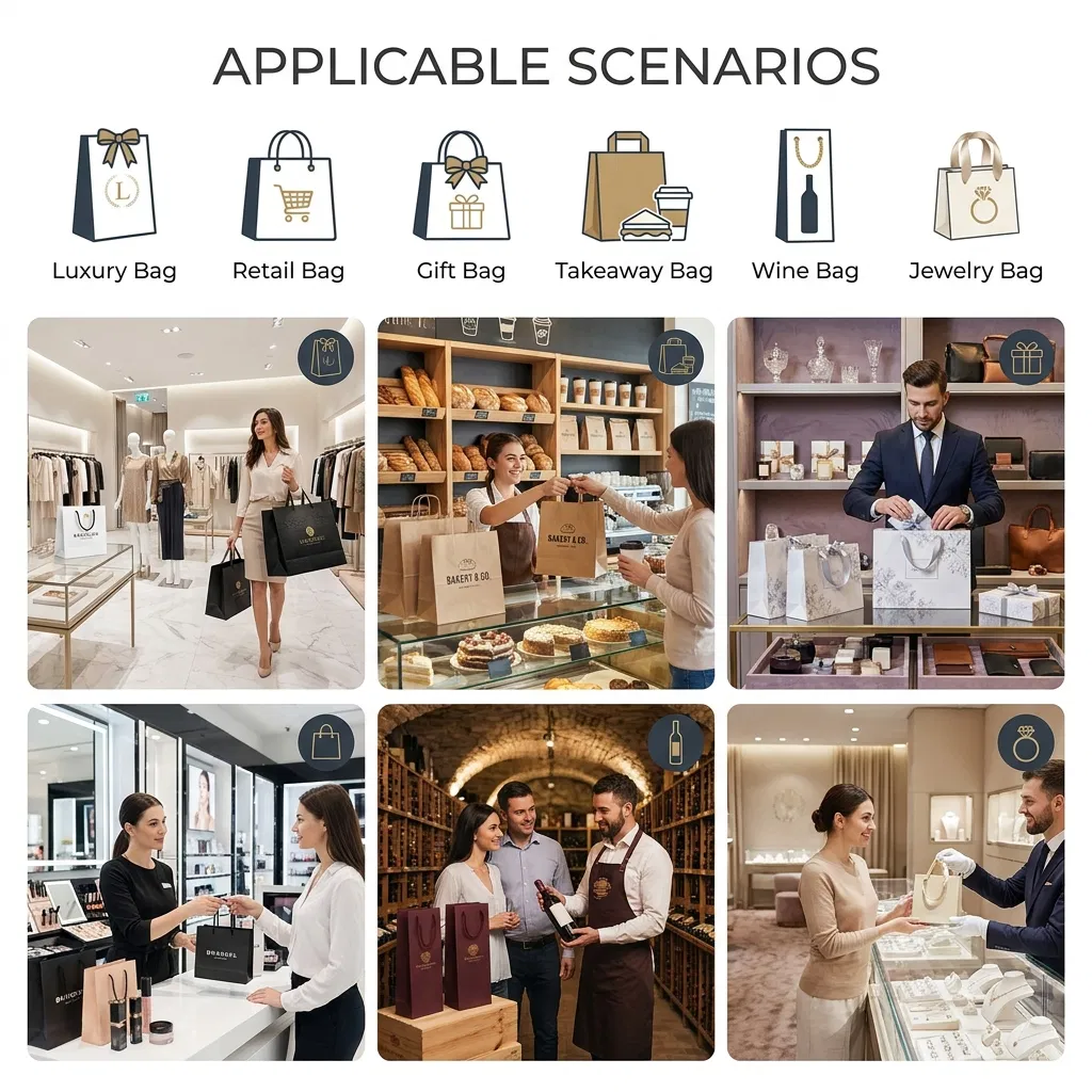Xianghui Custom Size Color Print Logo Wholesale Kraft Paper Shopping Bags, Gift Bags with Handles for Wending, Birthday, Favor, Party, Retail Merchandise Bags