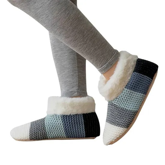 Xianghui Winter Color Striped Knit Fluffy Fuzzy Nonslip Thick Socks Slippers