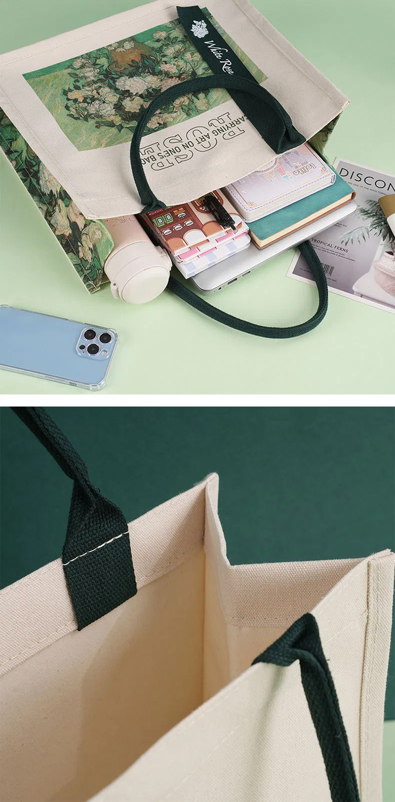 Xianghui Oil Painting Handheld Canvas Bag Large Capacity White Rose Handbag