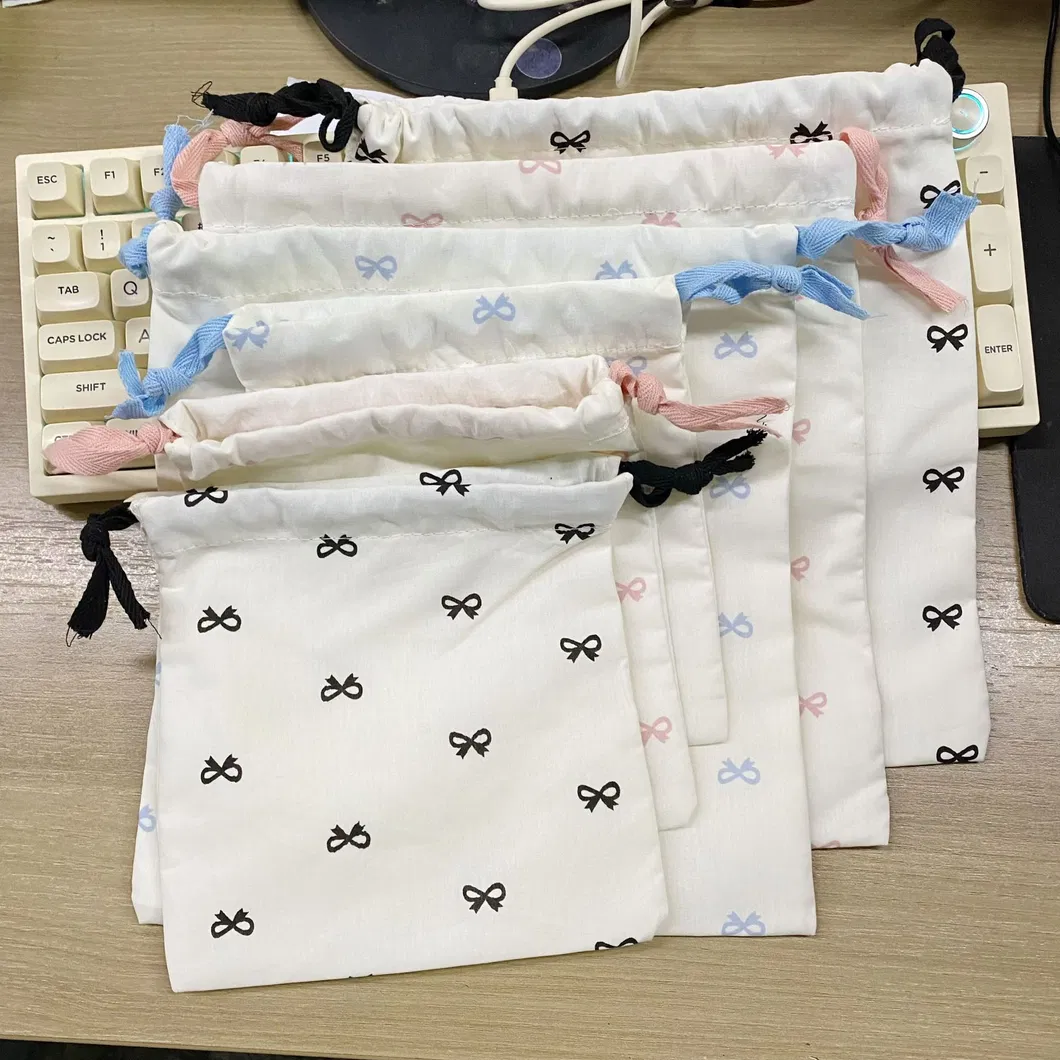 Xianghui Simple Bow Print Lipstick Storage Bag Drawstring Pouch Cute Student Portable Travel Digital Sundries Storage Bag