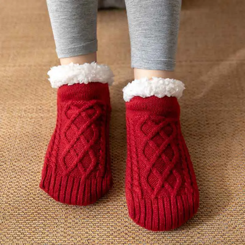 Xianghui Winter Color Striped Knit Fluffy Fuzzy Nonslip Thick Socks Slippers