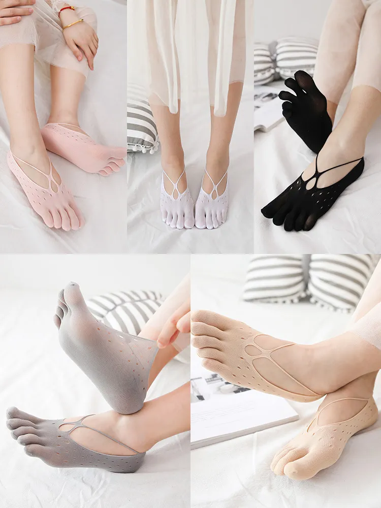 Xianghui Ice Silk Ultra Thin Hollowed-out Mesh Cross Strap Five Finger Invisible Yoga Socks