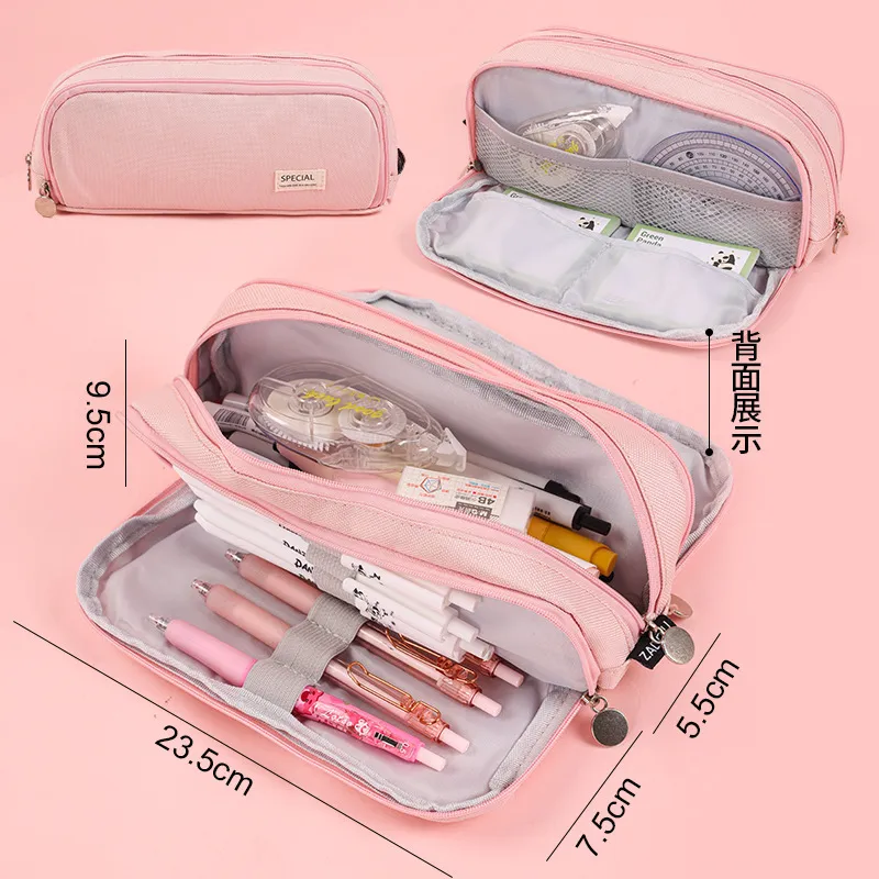 Wholesale Custom Logo Three Layers Double Opening Large Capacity Fashion Pencil Case School Storage Canvas Pencil Bag