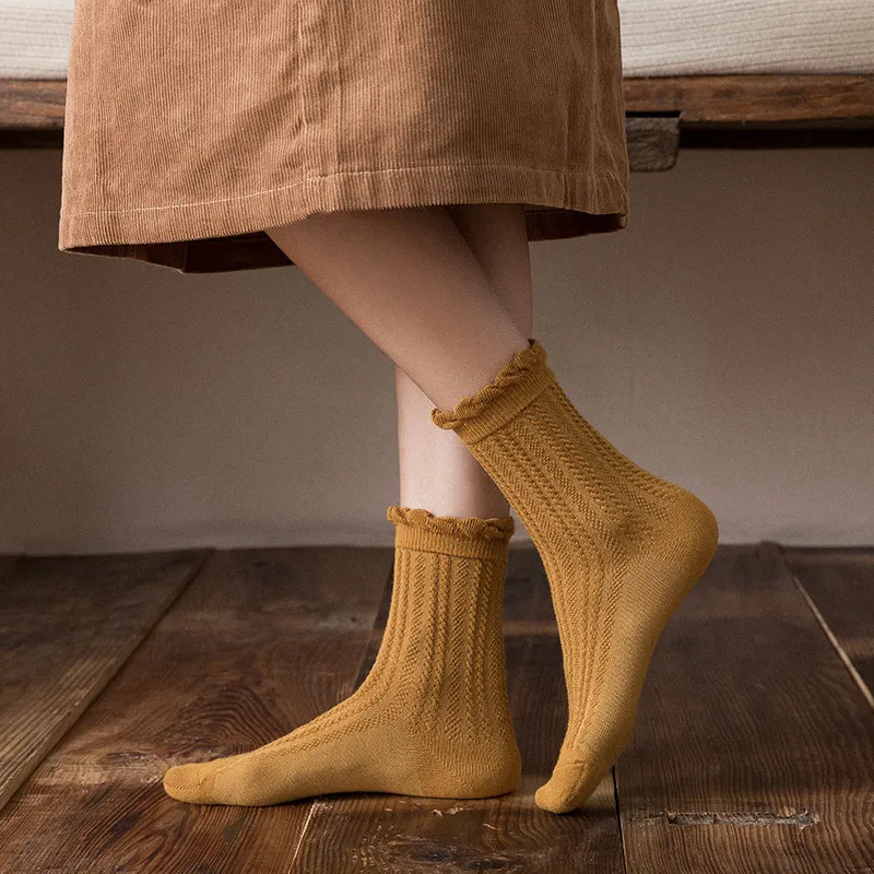 Xianghui Solid Color Vertical Stripes Crew Socks Women Sweet Girl Cotton Soft