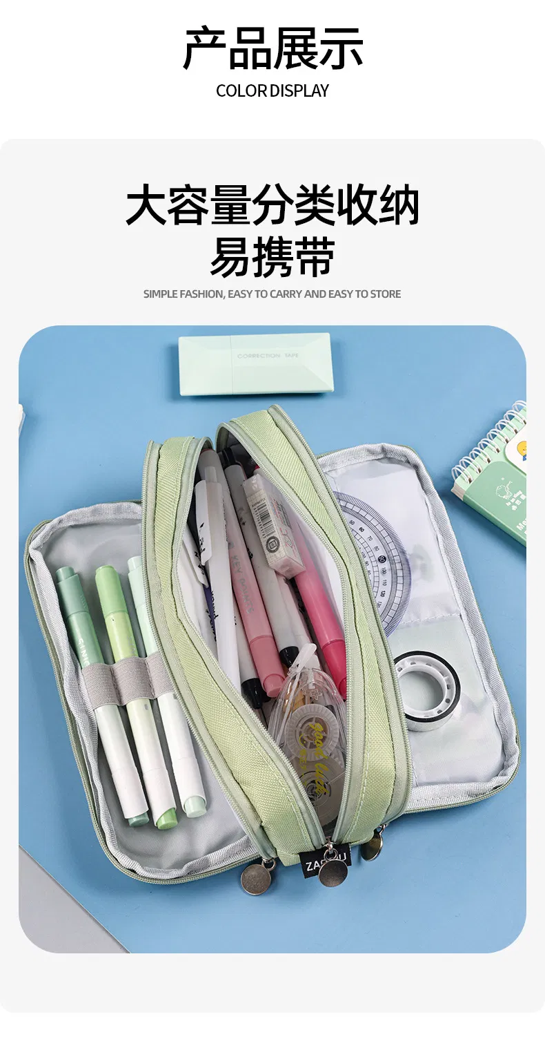 Wholesale Custom Logo Three Layers Double Opening Large Capacity Fashion Pencil Case School Storage Canvas Pencil Bag