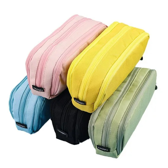 Wholesale Custom Logo Three Layers Double Opening Large Capacity Fashion Pencil Case School Storage Canvas Pencil Bag