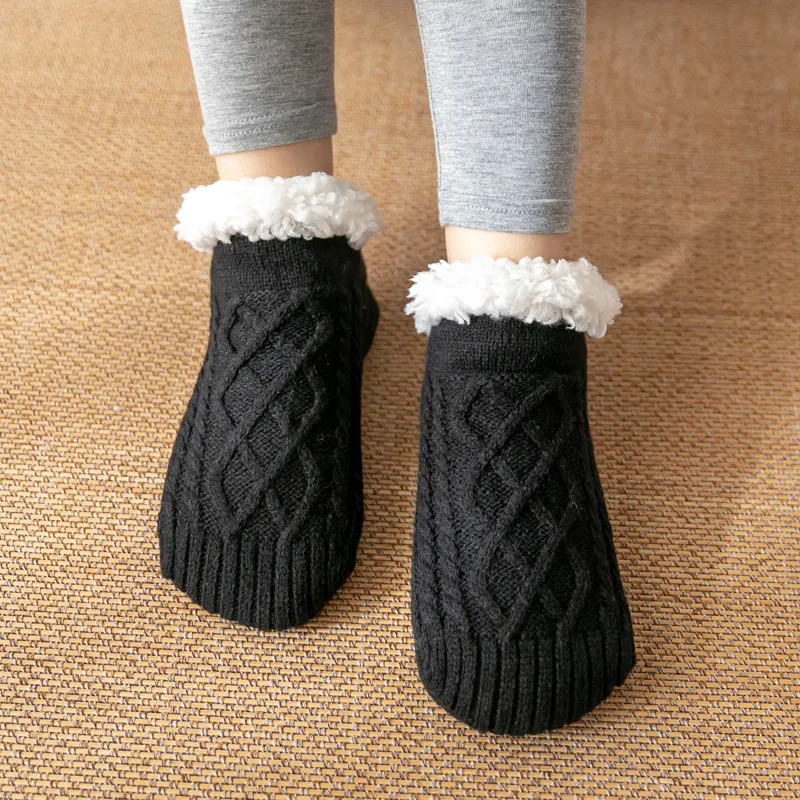 Xianghui Winter Color Striped Knit Fluffy Fuzzy Nonslip Thick Socks Slippers