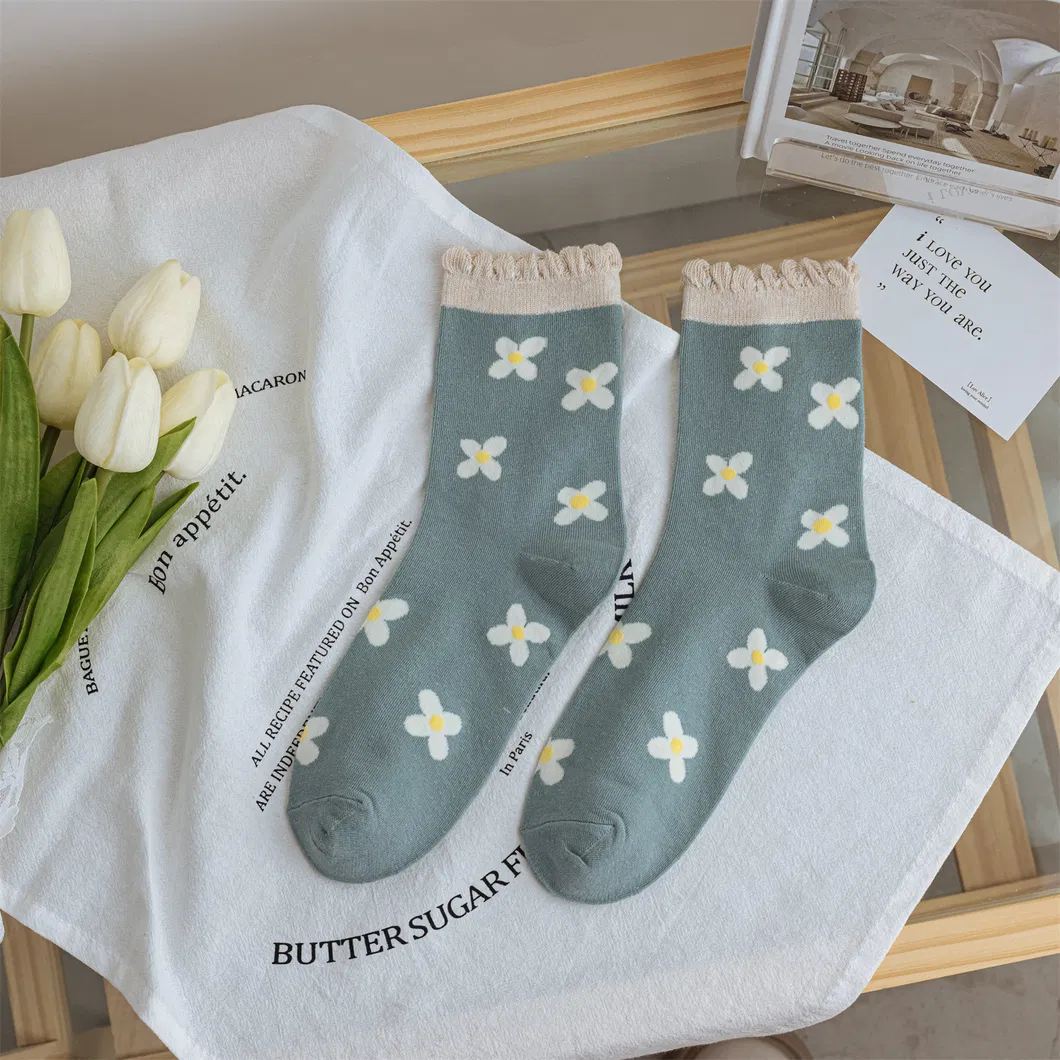 Xianghui Small Flower Middle Tube Socks Ins Trendy Japanese Style Pure Cotton Lace