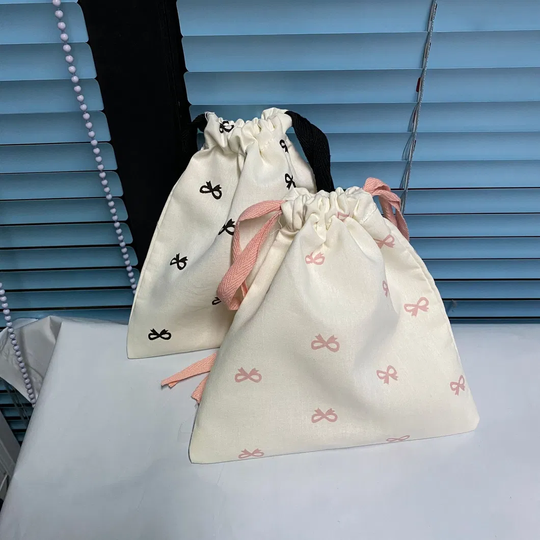 Xianghui Simple Bow Print Lipstick Storage Bag Drawstring Pouch Cute Student Portable Travel Digital Sundries Storage Bag
