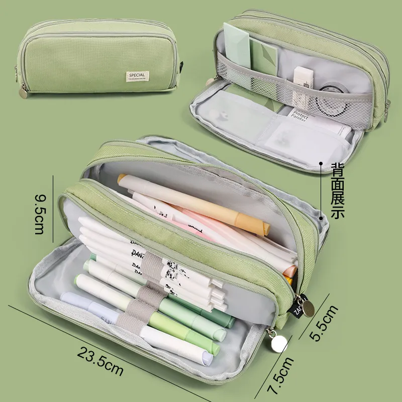 Wholesale Custom Logo Three Layers Double Opening Large Capacity Fashion Pencil Case School Storage Canvas Pencil Bag