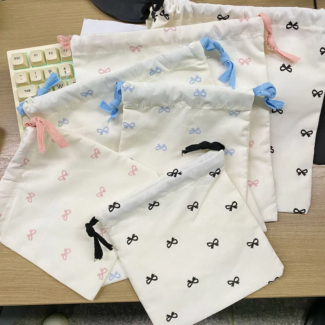 Xianghui Simple Bow Print Lipstick Storage Bag Drawstring Pouch Cute Student Portable Travel Digital Sundries Storage Bag
