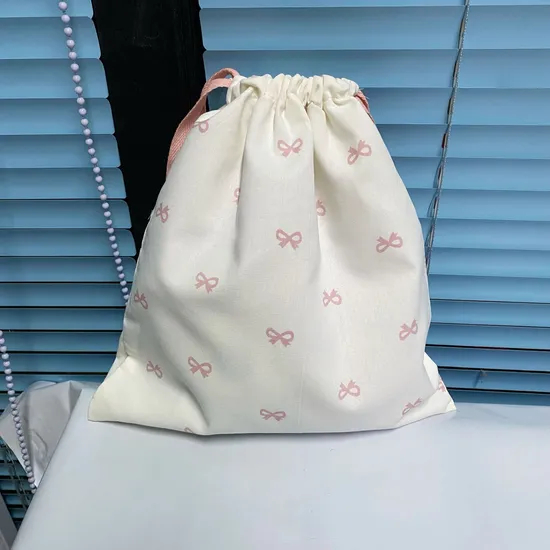 Xianghui Simple Bow Print Lipstick Storage Bag Drawstring Pouch Cute Student Portable Travel Digital Sundries Storage Bag