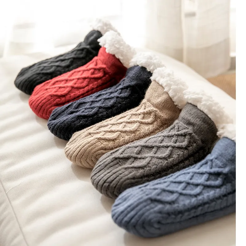 Xianghui Winter Color Striped Knit Fluffy Fuzzy Nonslip Thick Socks Slippers