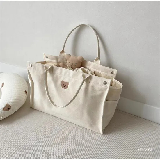 Xianghui Mommy Bag Embroidered Teddy Bear Mother and Baby Bag Canvas Tote Handbag