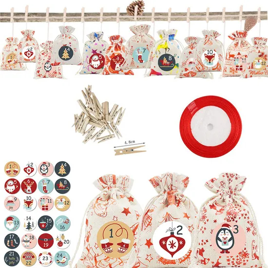 Xianghui Wholesale Advent Calendar Christmas Cotton and Linen Gift Bag Set